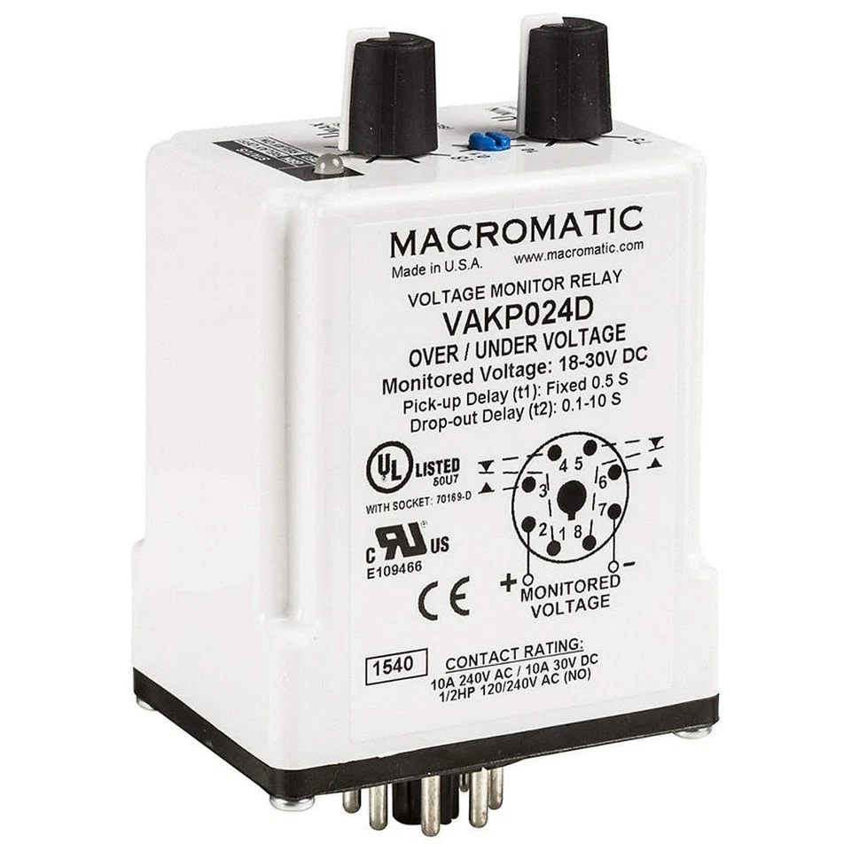 MACROMATIC VAKP120A Volt Sensor Relay,120VAC,10A @ 240V,DPDT 45LV08 - Image 1 of 1