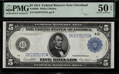 1914 $5 Federal Reserve Note - Cleveland - FR-859b - Graded PMG 50 EPQ - Image 1 of 2