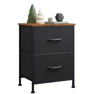 Mesita de noche con 2 cajones, mesita de noche con contenedores de tela, negro marrón rústico Foto 1 de 4