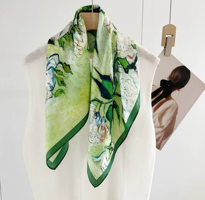100% Mulberry Silk Shawl Square Green flower Print Bandanna Scarf 65X65cm Wrap  - Image 1 of 3