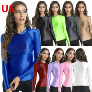 Damen Glossy Oil T-Shirt Slim Fit Stretchy Workout Tops Rundhals Unterhemd - Bild 1 von 109