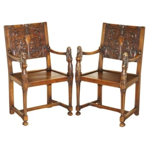PAIR OF ORNATELY CARVED NEO-GOTHIC SOLID WALNUT 19TH CENTURY CEREMONY ARMCHAIRS - Picture 1 of 18
