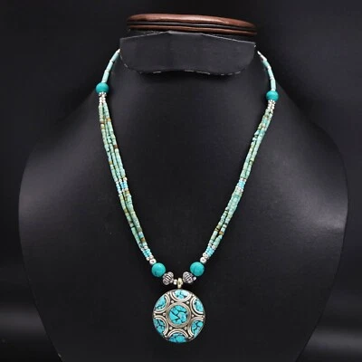 PN06🎁Nueva Llegada🎁Turquesa Tibetana Hecho a Mano Colgante Cuentas Collar de Diseñador Foto 1 de 3