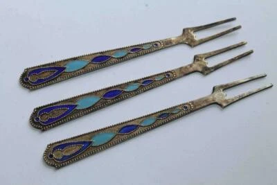 Antiguo postre de limón 3 tenedores plata 875 esmalte estándar utensilios de servicio URSS estampados Foto 1 de 4