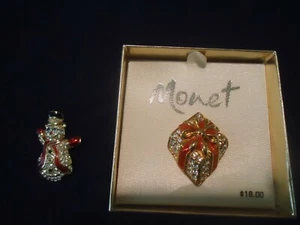 2 Monet Christmas Present Brooch Pin Silver Tone and santa claus  - Picture 1 of 6
