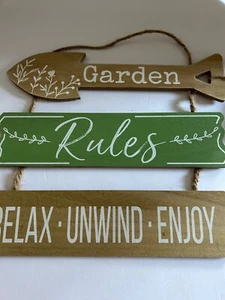 Garden Rules Sign Rope Arrow Shape Green Natural Wood Relax Unwind Rustic Decor - Picture 1 of 6