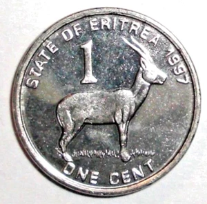 1997 Eritrea 1 cent Coin Red-Fronted Gazelle Deer Buck Animal African Wildlife - Picture 1 of 2