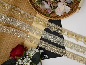 Indian lace Trim 2 Yrd 3cm Wid Scallop Metallic Embellishment Stone kundan Sewon - Picture 1 of 22
