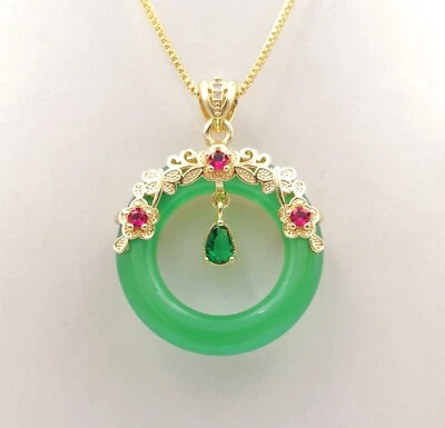 Collar Colgante Mariposa 18KGP Hebilla Paz Círculo Donut Jade Calcedonia Verde Foto 1 de 4