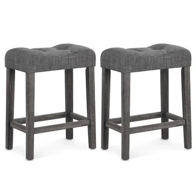 24" Saddle Bar Stools Set of 2 w/ Footrest Rubber Wood Frame for Kitchen Island - Image 1 of 4