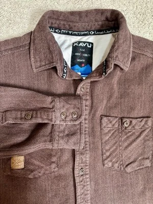 Kavu Shirt Mens Medium Brown Flannel Herringbone Button Up Hiking Outdoors - Image 1 of 4