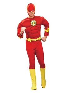 Mens Flash Costume Muscle Chest DC Comic Superhero Adult Halloween Fancy Dress - Picture 1 of 2