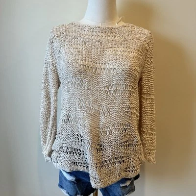 women’s willi smith 3/4 sleeve open knit long sleeve top medium white brown - Image 1 of 4