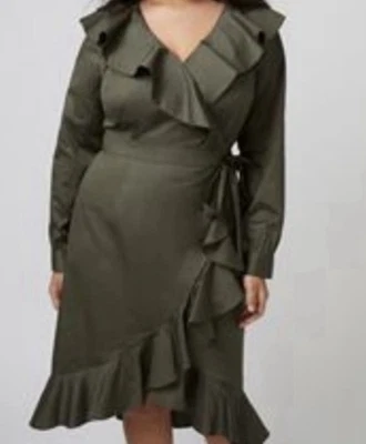 Lane Bryant Women’s Faux Wrap Dress Size 16 Olive Green Ruffle Long Sleeve - Image 1 of 4