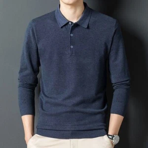 Men's Solid Color Lapel Wool Sweater Business Long Sleeve Thin Knit Sweater  - Foto 1 di 22