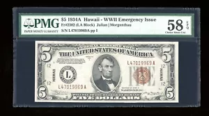 DBR 1934-A $5 FRN Hawaii Fr. 2302 PMG 58 EPQ Serial L47019969A - Picture 1 of 2