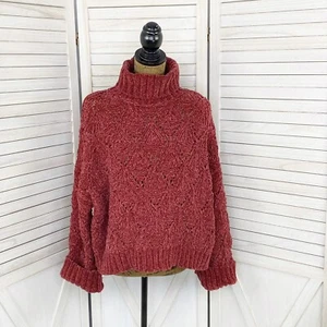 POL Sweater Womens Medium Red Chenille Chunky Knit Turtleneck Crop Pullover - Picture 1 of 13