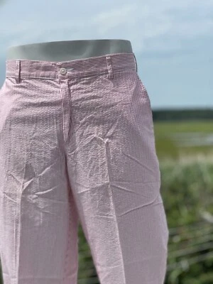 NEW 36 BILLS KHAKIS Parker Pant standard fit seersucker red white stripe flat - Image 1 of 4