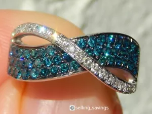 14K SOLID WHITE GOLD BLUE & WHITE DIAMOND TWISTED CROSSOVER BAND RING SIZE 7 - Picture 1 of 14