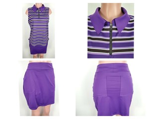 BELYN KEY Purple BRECKENRIDGE Stripe 2 Pc SKORT Zip Polo Shirt Set Womens L New