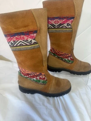 Vintage CATS Tan Suede Leather Tall Boots Boho Andean Woven Hippie Festival - Image 1 of 4