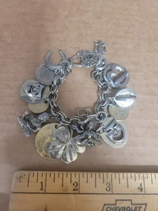 Vintage 1940s Good Luck Charm Bracelet Loaded Buddha Coins Clover Comedy RARE!! - Picture 1 of 24