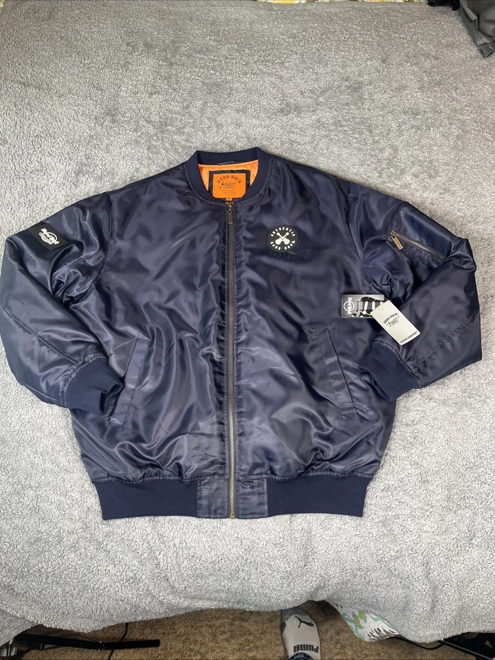 Chaqueta Hard Rock Guitar Company Para Hombre Talla XL Azul Marino Satinado Edredón Forrado NUEVA Foto 1 de 4
