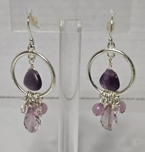 Handgefertigte Silber Creolen Boho Ohrringe mit lila Amethyst Edelstein Perlen - Bild 1 von 5