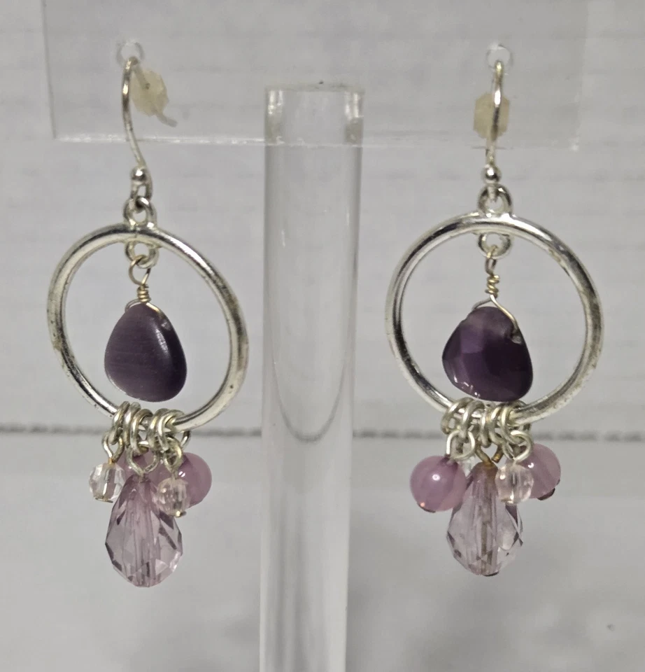 Handmade Silver Hoop Dangle Boho Earrings with Purple Amethyst Gemstone Beads - Image 1 of 4