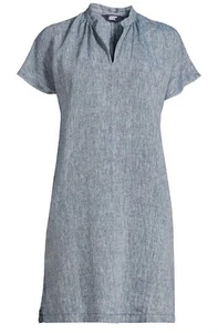 LANDS' END Indigo Linen DRESS Dolman Sleeve Peasant Above Knee Pockets Size S. - Picture 1 of 9