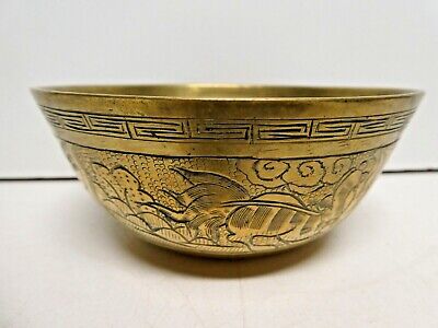 Vintage Chinese Brass Footed Comport Bowl Engraved Dragon • 56$