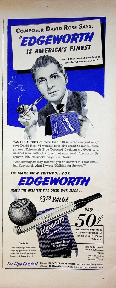 Edgeworth Pipe Tobacco 1949 vintage años 40 anuncio impreso compositor de música David Rose Foto 1 de 1