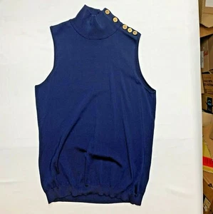 LAUREN RALPH LAUREN Womens Sleeveless Mock Navy Top w/ Gold Buttons - Picture 1 of 6