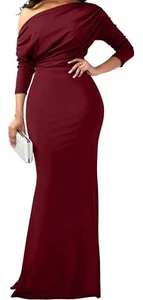Damen Sexy Elegant Langarm Schulterfrei Bodycon Langes Kleid Rot Weinrot Größe L - Bild 1 von 2