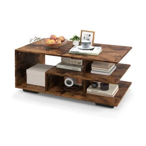 Rectangular Coffee Table with L-shaped Middle Shelf-Brown - Color: Brown - Picture 1 of 5