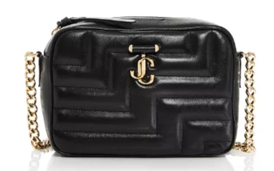 $1095. JIMMY CHOO Avenue M Camera Bag Quilted Black Gold - Image 1 of 4