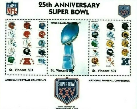 St. Vincent 1991 - Super Bowl XXV 25th Anniversary Football, Trophy - S/S - MNH Cover