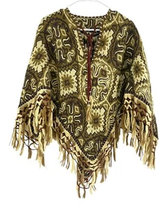 Vintage 1960s Reversible Psychedelic Tapestry Fringe Poncho Shawl Cape 60s 70s - Picture 1 of 18