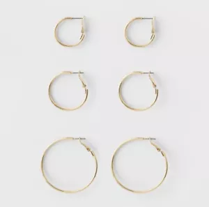 A New Day Gold Color Hoop Earrings 3pr Nickel Free 2", 1.5", 1" Long 1/16" Wide - Picture 1 of 5
