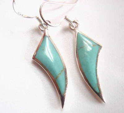 Shark Tooth Shaped Simulated Turquoise Dangle Earrings 925 Sterling Silver  - Image 1 of 4