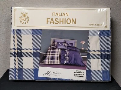 Italian Fashion Queen Size Duvet Cover Set 6 Pc Design #HY-888 Blue Floral/Plaid - Image 1 of 4