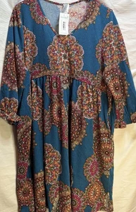 HoneyMe Curvy XL Dress Teal Boho Mandala Print Pockets Babydoll 3/4 Sleeve NWT - Picture 1 of 11