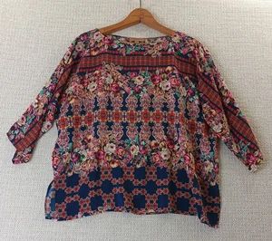Anthropologie Top Womens 4 Kachel "Crosstich" Boho Floral Printed Silk Blouse - Picture 1 of 13