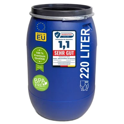 PLASTEO 220 Liter Deckelfass Regenfass Weithalsfass Sauerkrautfass Lebensmittelecht