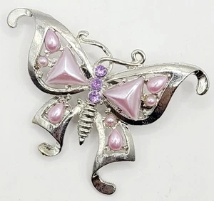Schmetterling Brosche lila Strass & rosa Emaille unsigniert silberfarben Anstecknadel Vintage - Bild 1 von 6