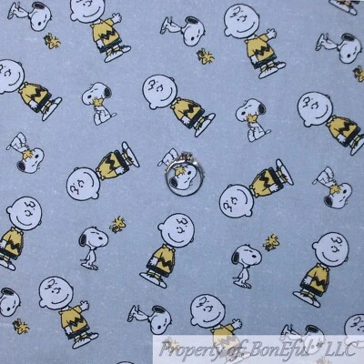 BonEful Fabric FQ Cotton Quilt Gray White Charlie Brown Snoopy Yellow Woodstock - Image 1 of 4