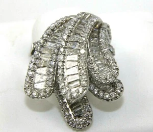 Long Baguette & Round Diamond Cluster Wide Lady's Ring 18k White Gold 5.23Ct - Picture 1 of 8