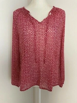 Gap Women Top Blouse Size S Red White Chevron V Neck Front Tie Sheer Long Sleeve - Image 1 of 4