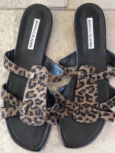 Manolo Blahnik Suede Leopard Print Sandals Slides Flats 39.5IT 9US FREE US S/H - Picture 1 of 11