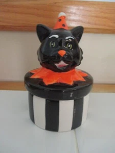NEU - Halloween gestreifte schwarze Katze Keramik Kanister Retro primitiv - Bild 1 von 4